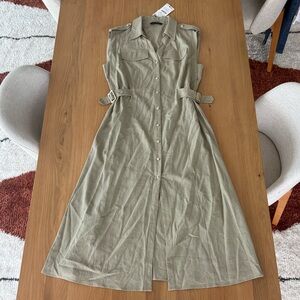 Zara linen midis dress, light khaki, size XL, new with tags